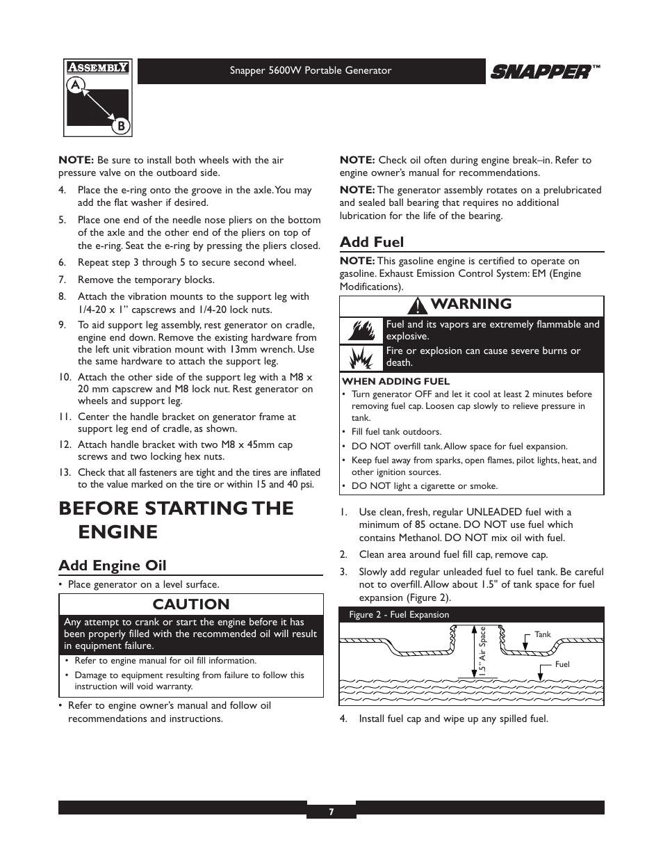 Before starting the engine, Add engine oil, Add fuel | Caution, Warning | Snapper 30215 User Manual | Page 7 / 28