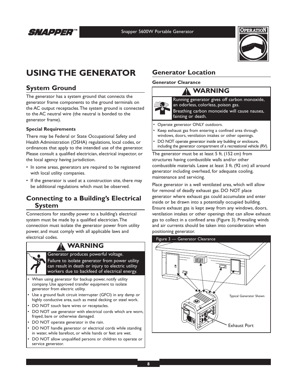 Using the generator, System ground, Connecting to a building’s electrical system | Generator location, Warning | Snapper 30215 User Manual | Page 8 / 28