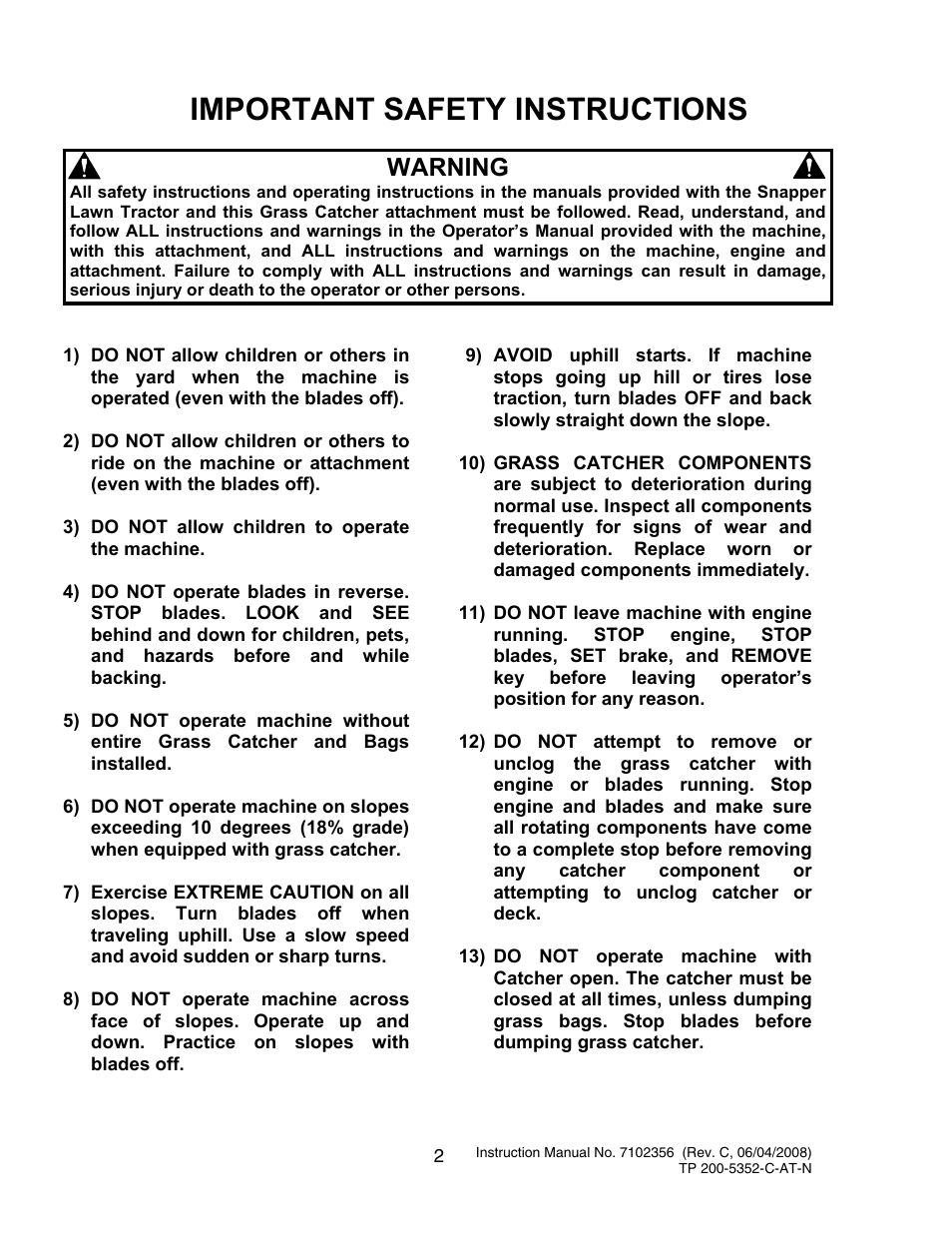 Important safety instructions, Warning | Snapper 7600069 - 7600070 User Manual | Page 2 / 18