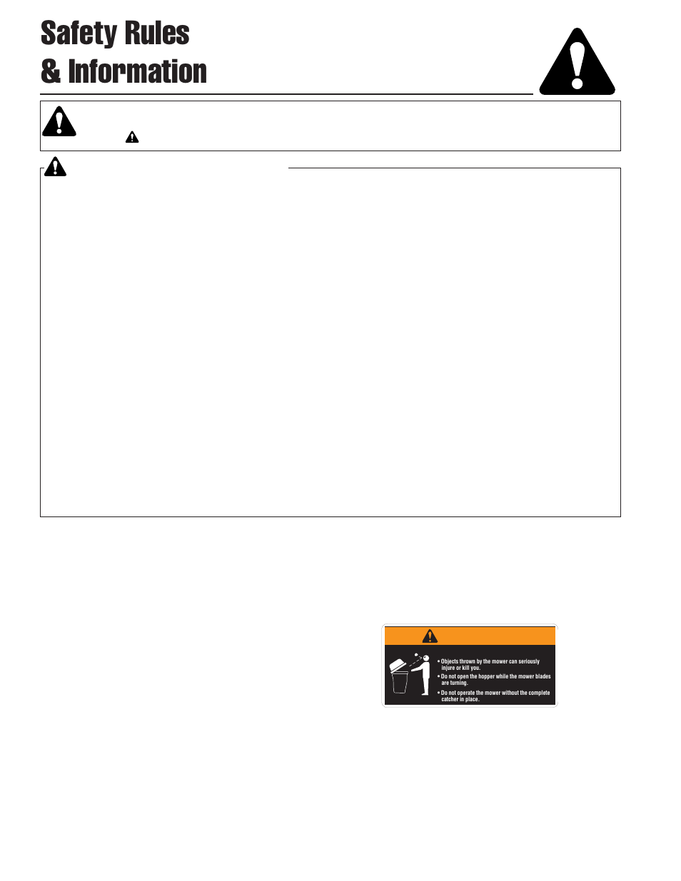 Safety rules & information, General warnings, Safety decals | Attachment decal, Warning | Snapper Clean Sweep Twin Catcher User Manual | Page 4 / 14