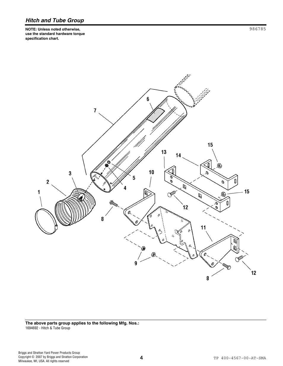 Hitch and tube group | Snapper 4567 User Manual | Page 4 / 8