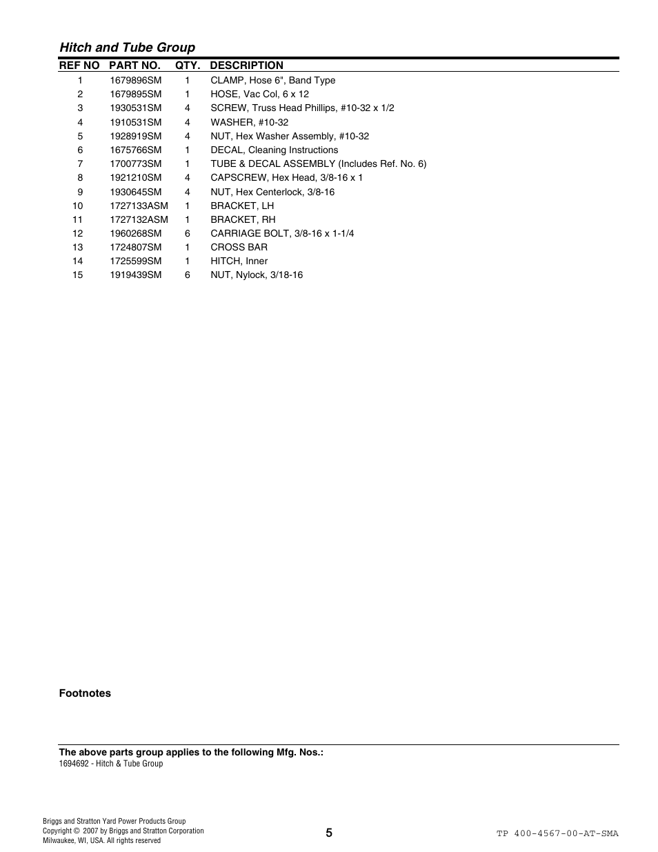 Hitch and tube group | Snapper 4567 User Manual | Page 5 / 8