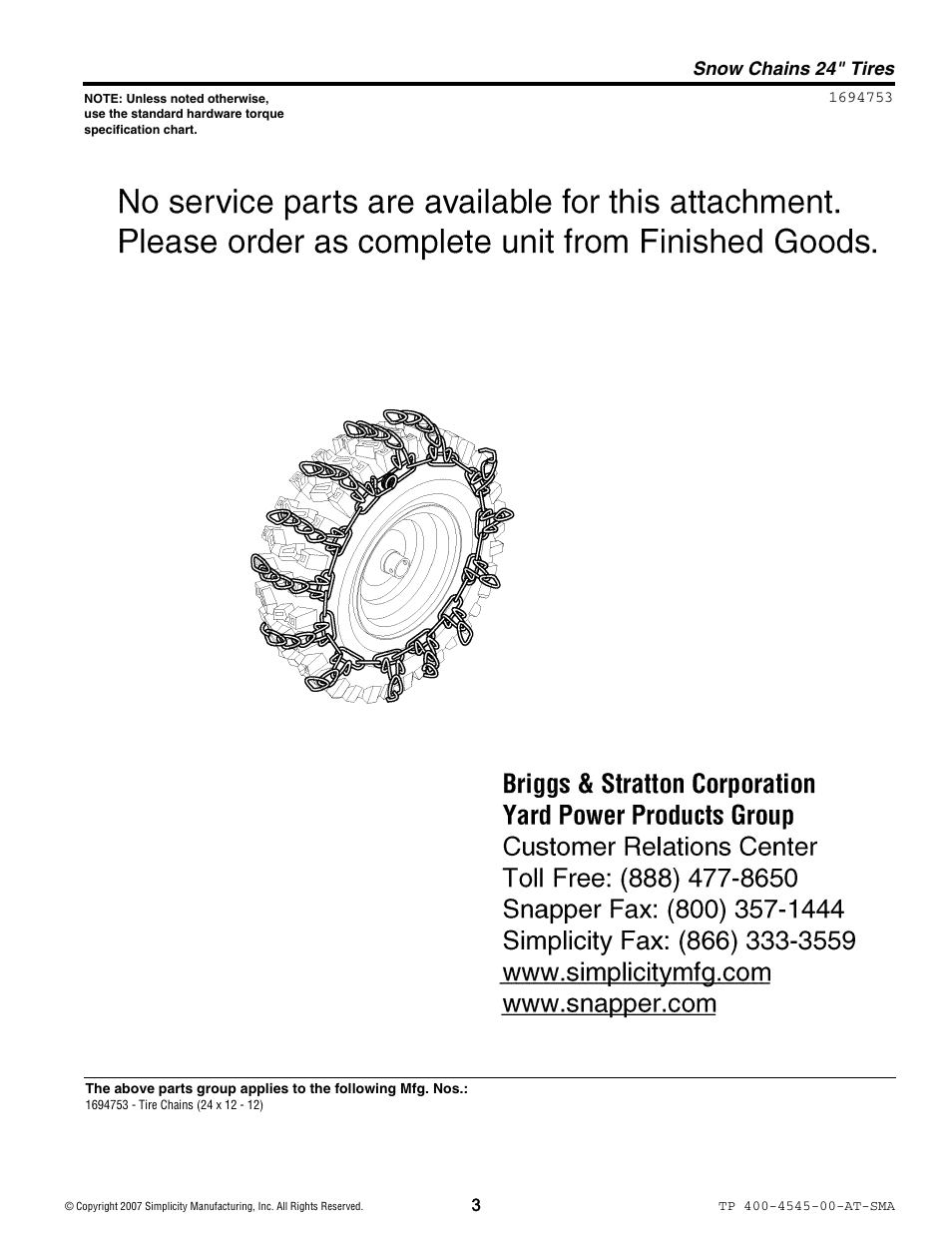 Snow chains 24" tires | Snapper 4545 User Manual | Page 3 / 4