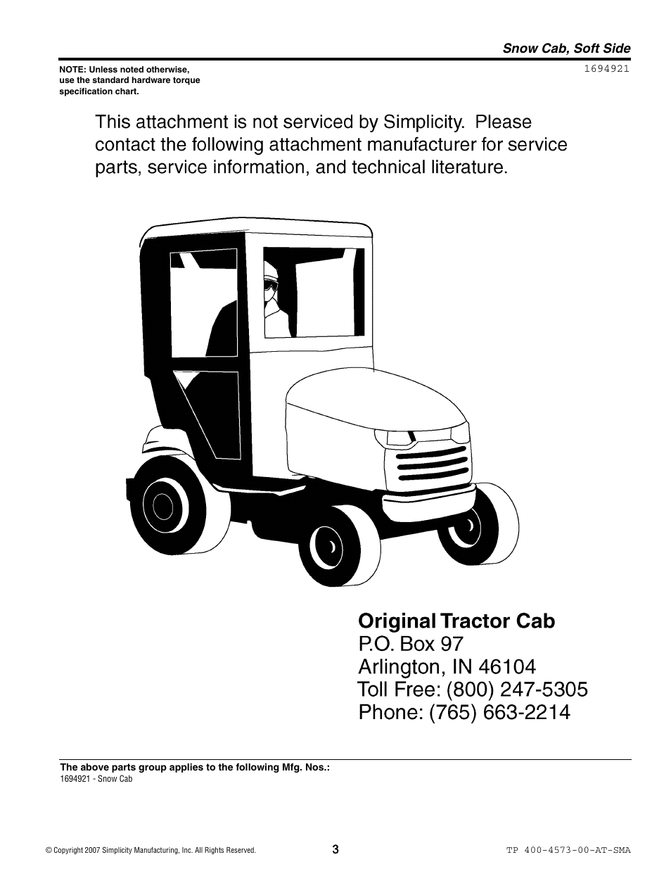Snow cab, soft side | Snapper 4573 User Manual | Page 3 / 4