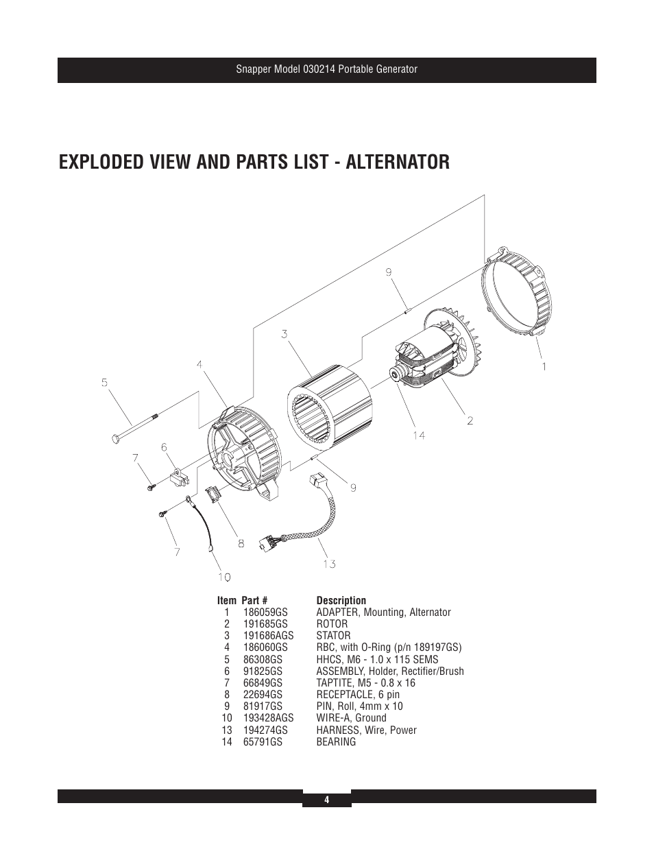 Exploded view and parts list - alternator | Snapper 030214 User Manual | Page 4 / 6