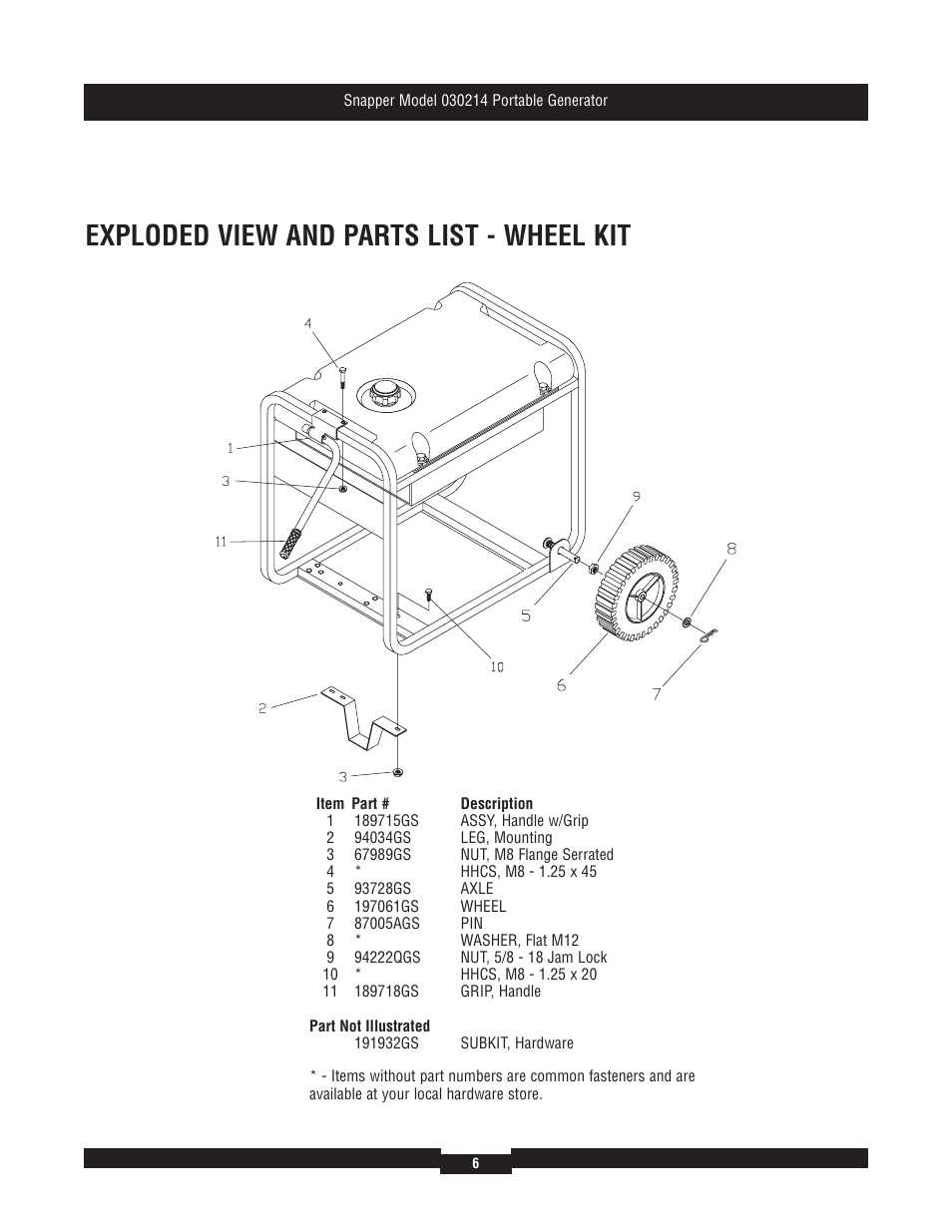 Exploded view and parts list - wheel kit | Snapper 030214 User Manual | Page 6 / 6