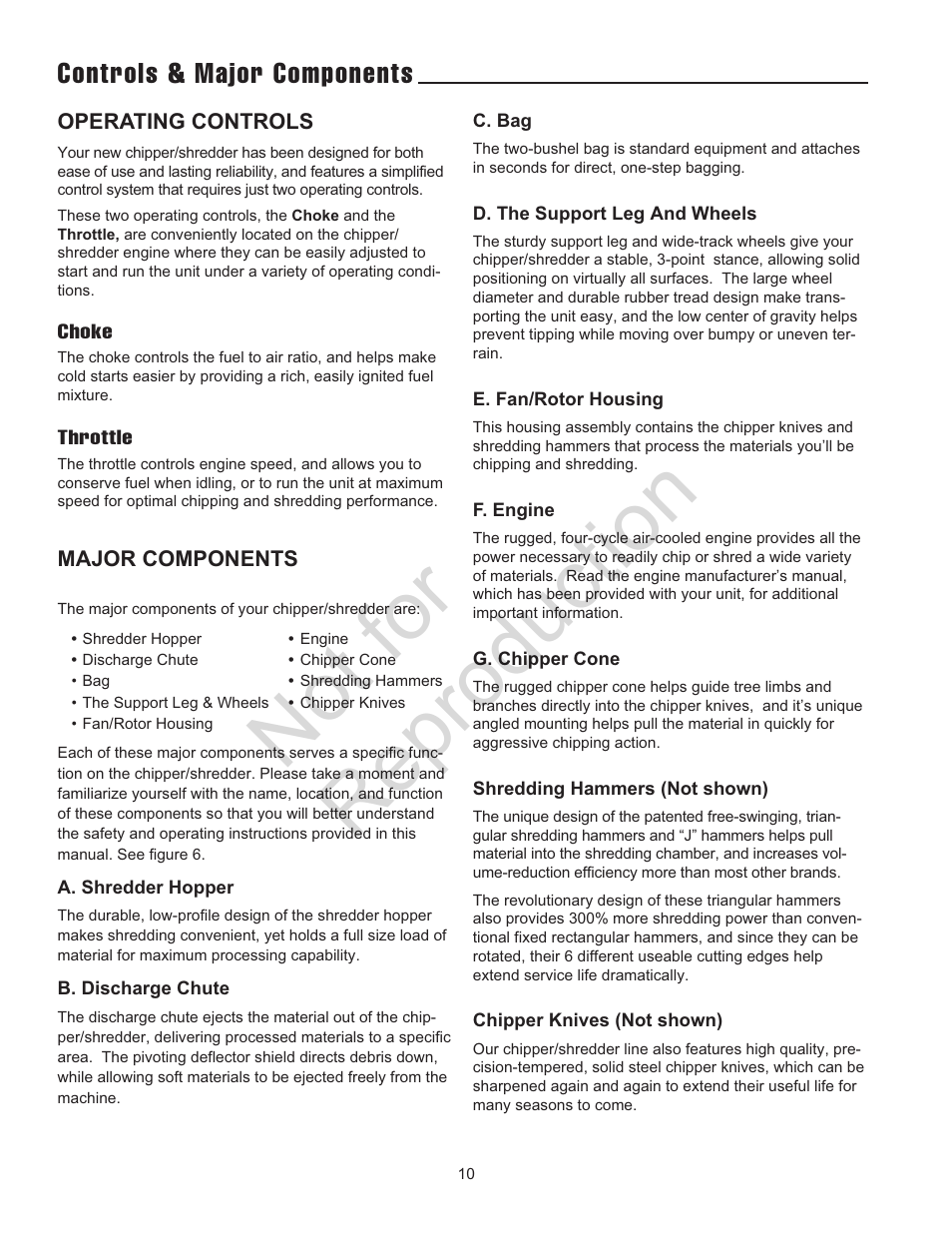 Not for reproduction, Controls & major components | Snapper 5/14 SERIES User Manual | Page 10 / 28