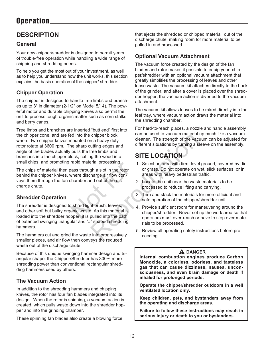 Not for reproduction, Operation | Snapper 5/14 SERIES User Manual | Page 12 / 28