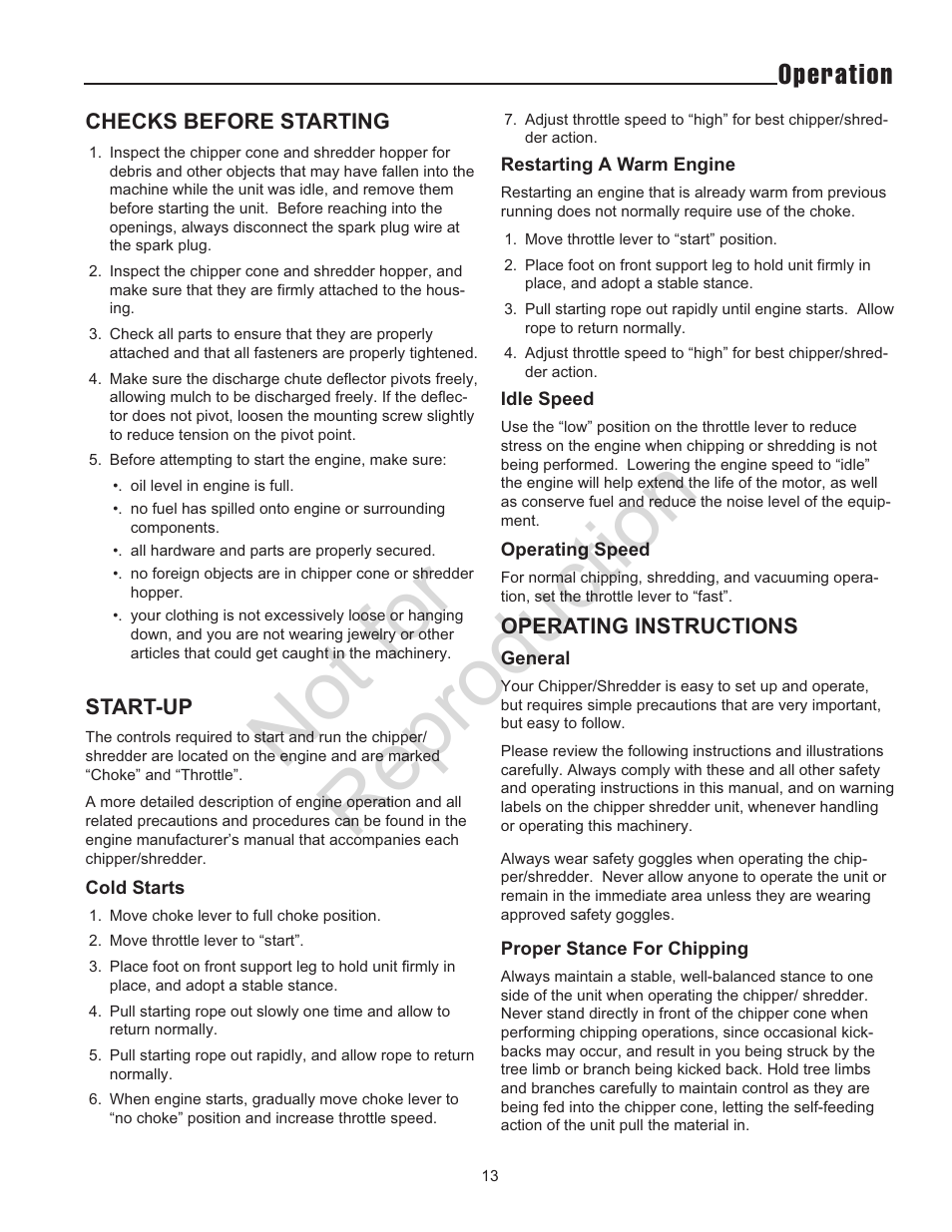 Not for reproduction, Operation | Snapper 5/14 SERIES User Manual | Page 13 / 28