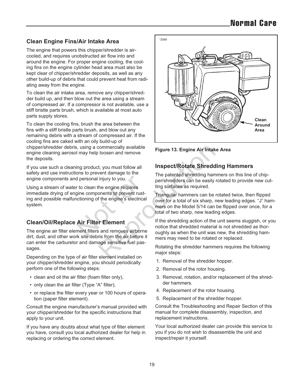 Not for reproduction, Normal care | Snapper 5/14 SERIES User Manual | Page 19 / 28