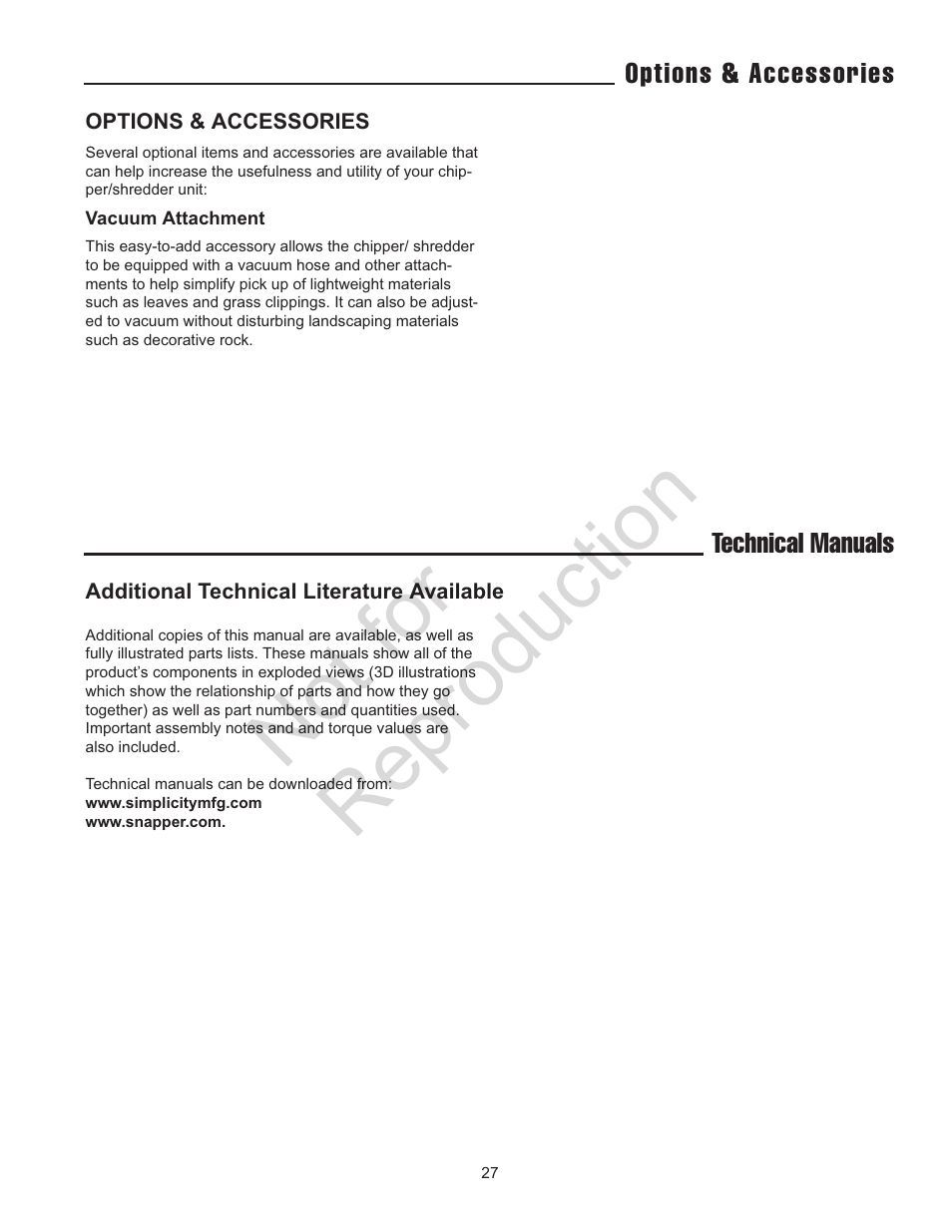 Not for reproduction | Snapper 5/14 SERIES User Manual | Page 27 / 28