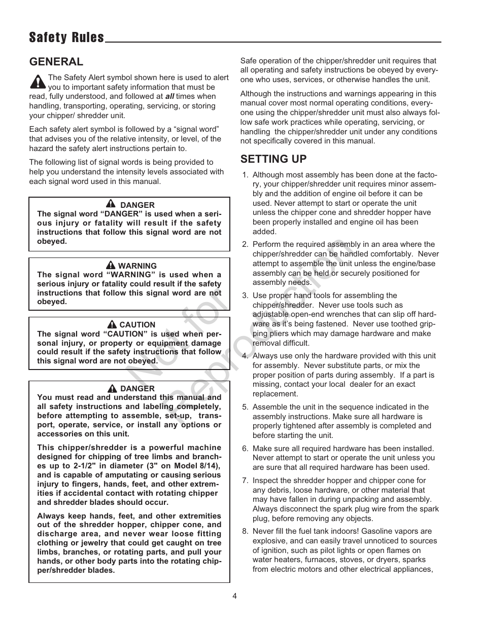 Not for reproduction, Safety rules | Snapper 5/14 SERIES User Manual | Page 4 / 28