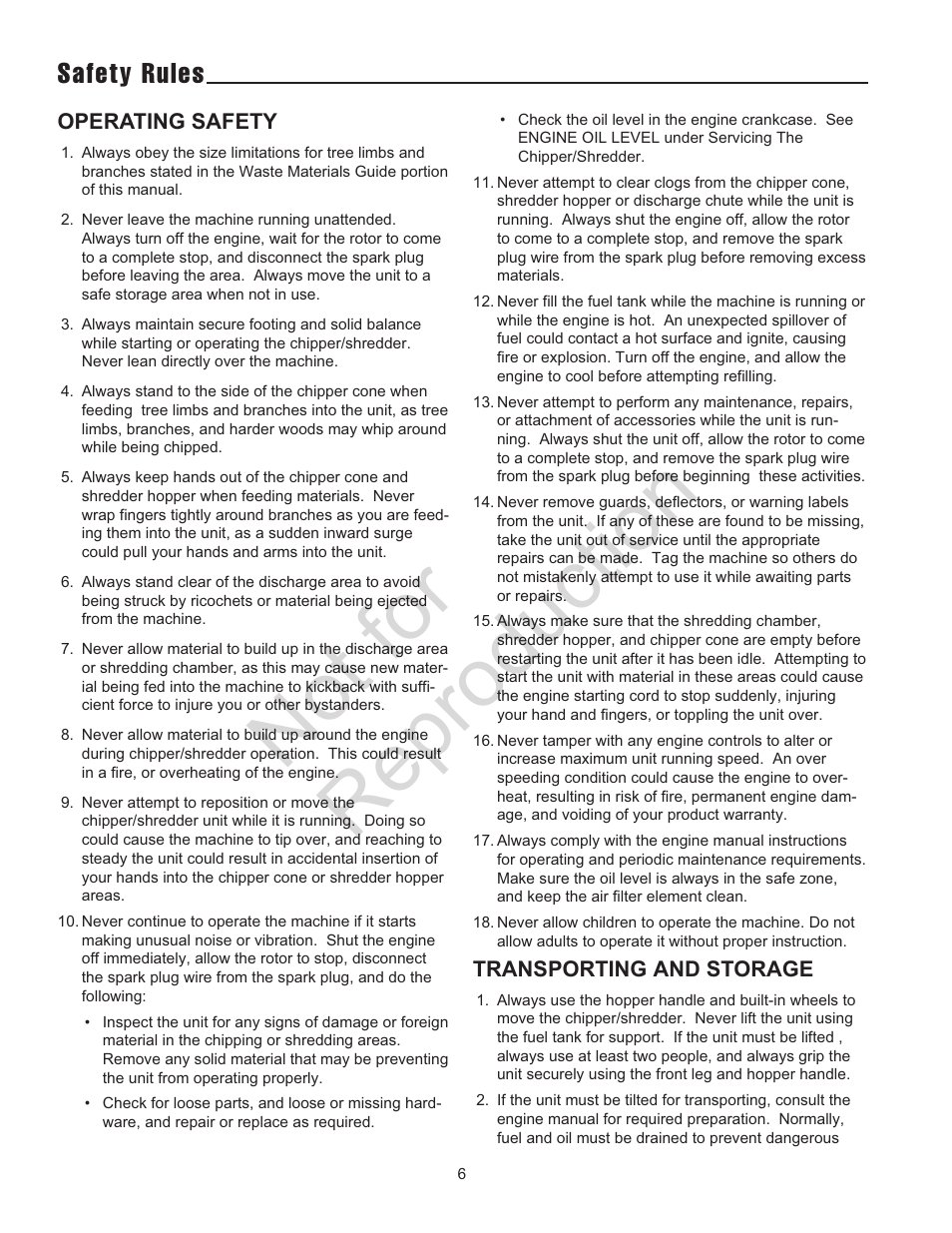 Not for reproduction, Safety rules | Snapper 5/14 SERIES User Manual | Page 6 / 28