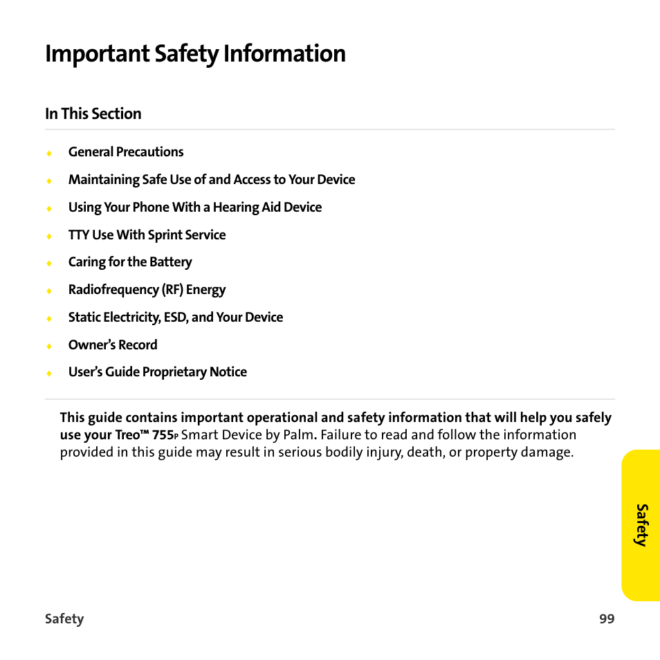 Important safety information, Saf ety | Sprint Nextel 755P User Manual | Page 105 / 130