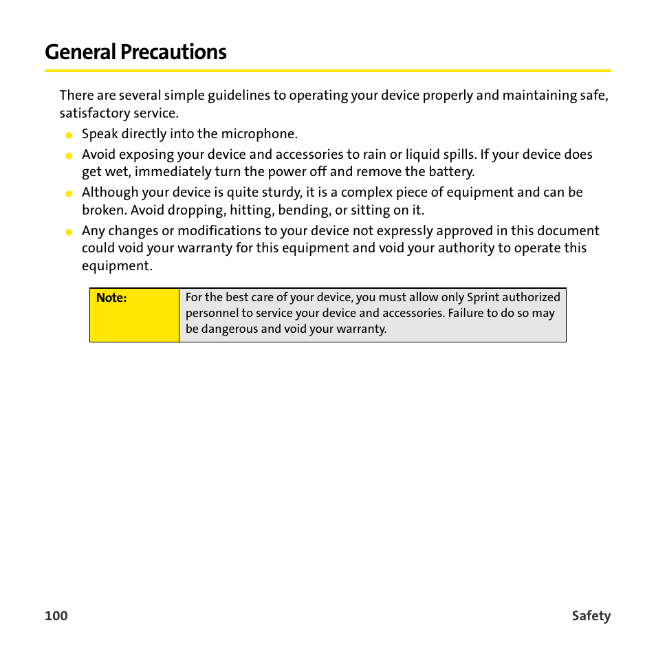 General precautions | Sprint Nextel 755P User Manual | Page 106 / 130