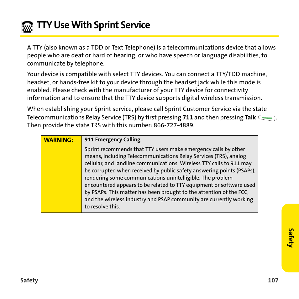 Tty use with sprint service | Sprint Nextel 755P User Manual | Page 113 / 130