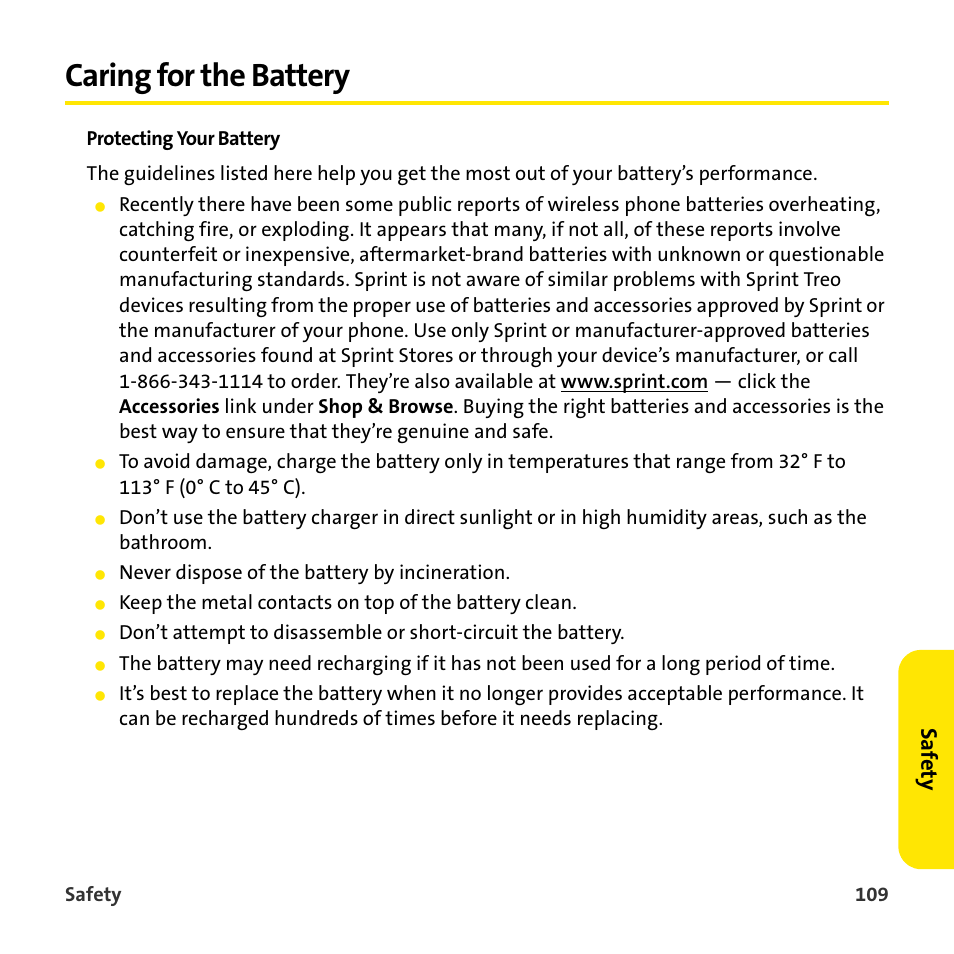 Caring for the battery, Saf ety | Sprint Nextel 755P User Manual | Page 115 / 130