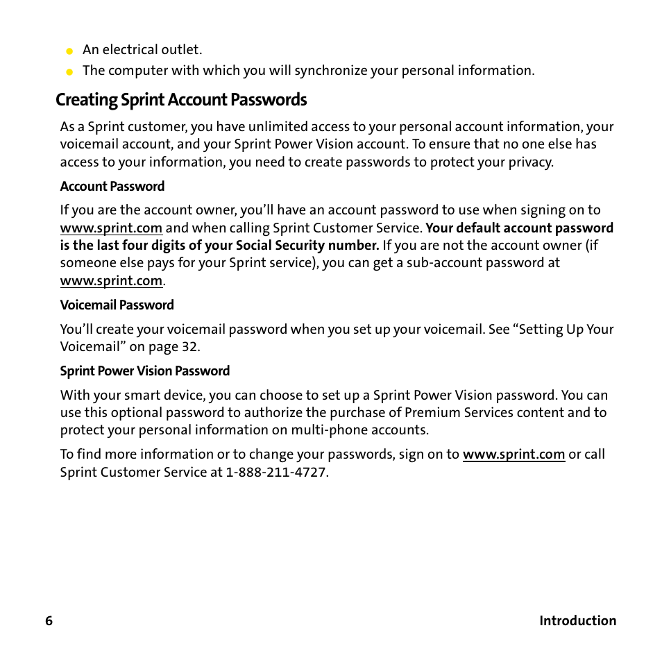 Creating sprint account passwords | Sprint Nextel 755P User Manual | Page 12 / 130