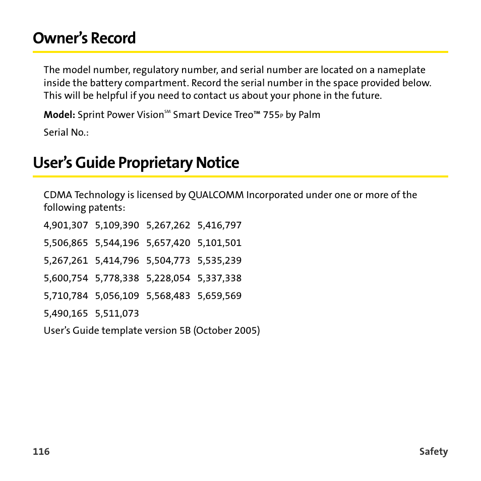 Owner’s record, User’s guide proprietary notice | Sprint Nextel 755P User Manual | Page 122 / 130