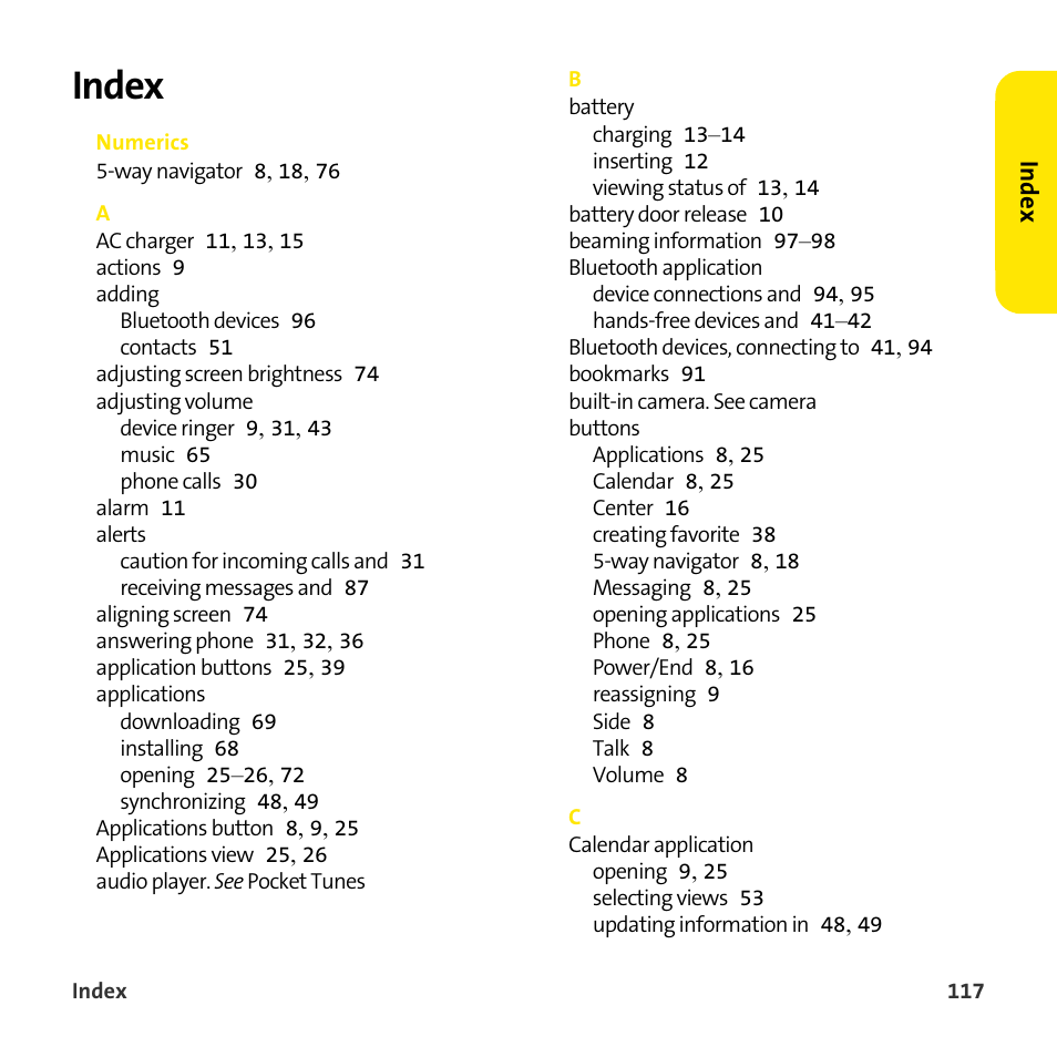 Index | Sprint Nextel 755P User Manual | Page 123 / 130