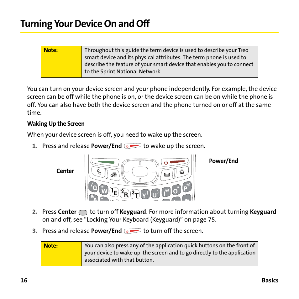 Turning your device on and off | Sprint Nextel 755P User Manual | Page 22 / 130