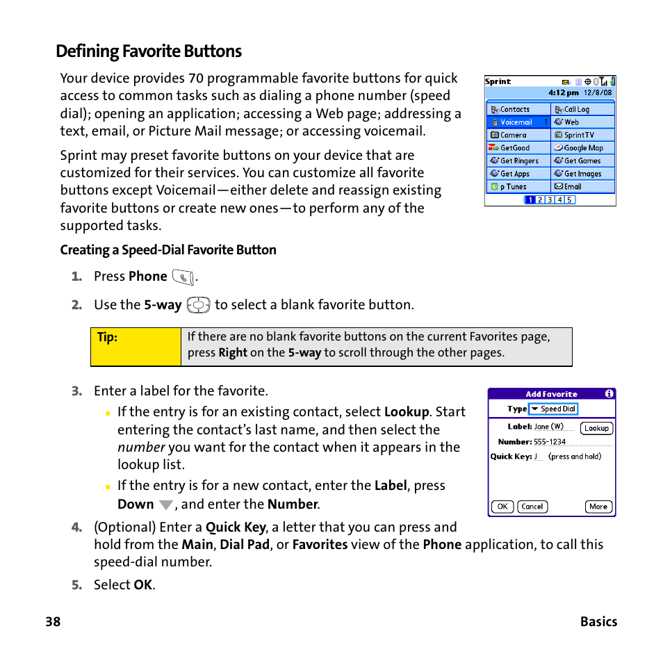 Defining favorite buttons | Sprint Nextel 755P User Manual | Page 44 / 130