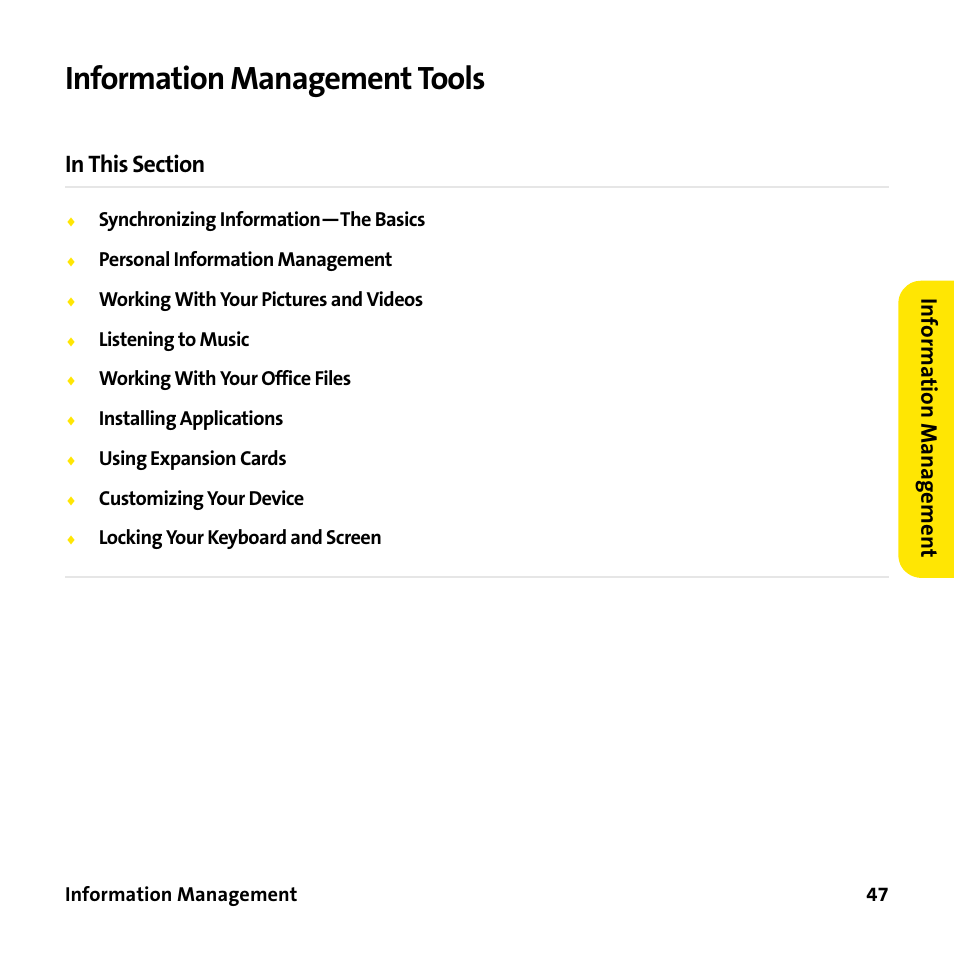 Information management tools, Inf o rma tion manag e men t | Sprint Nextel 755P User Manual | Page 53 / 130