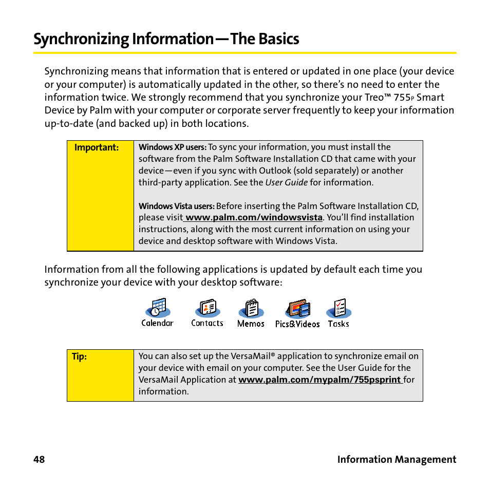 Synchronizing information-the basics, Synchronizing information—the basics | Sprint Nextel 755P User Manual | Page 54 / 130