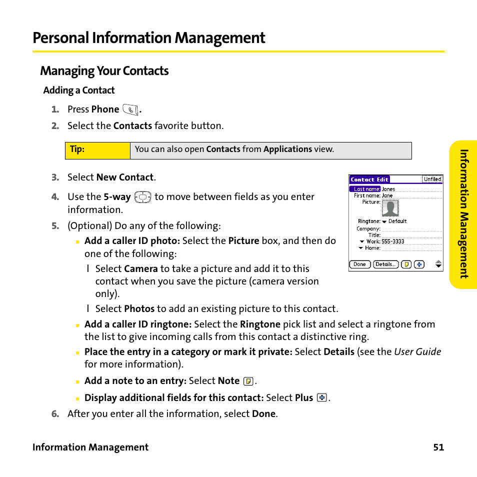 Personal information management, Managing your contacts | Sprint Nextel 755P User Manual | Page 57 / 130