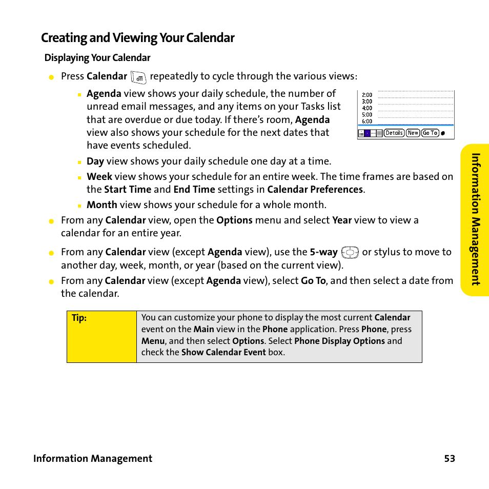 Creating and viewing your calendar, Inf o rma tion manag e men t | Sprint Nextel 755P User Manual | Page 59 / 130