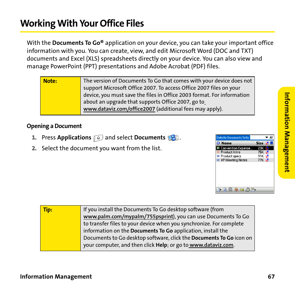 Working with your office files | Sprint Nextel 755P User Manual | Page 73 / 130