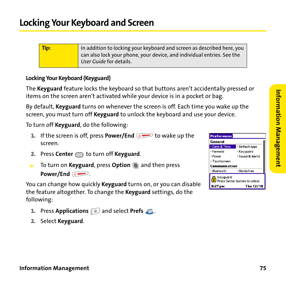 Locking your keyboard and screen | Sprint Nextel 755P User Manual | Page 81 / 130