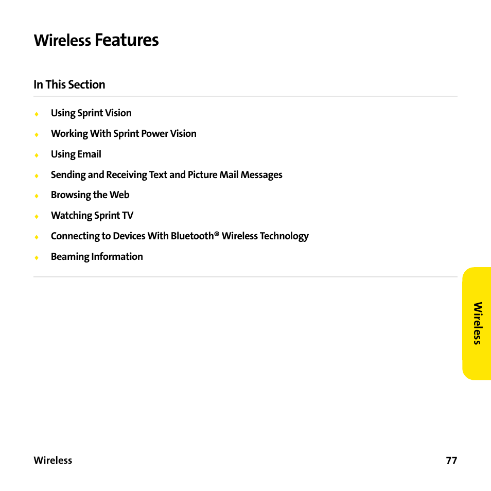 Wireless features, Features, Wireless | Wi re le ss | Sprint Nextel 755P User Manual | Page 83 / 130