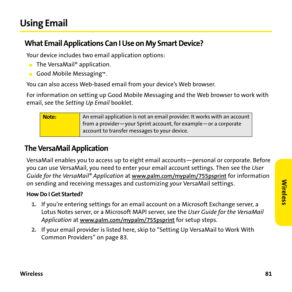 Using email, The versamail application | Sprint Nextel 755P User Manual | Page 87 / 130