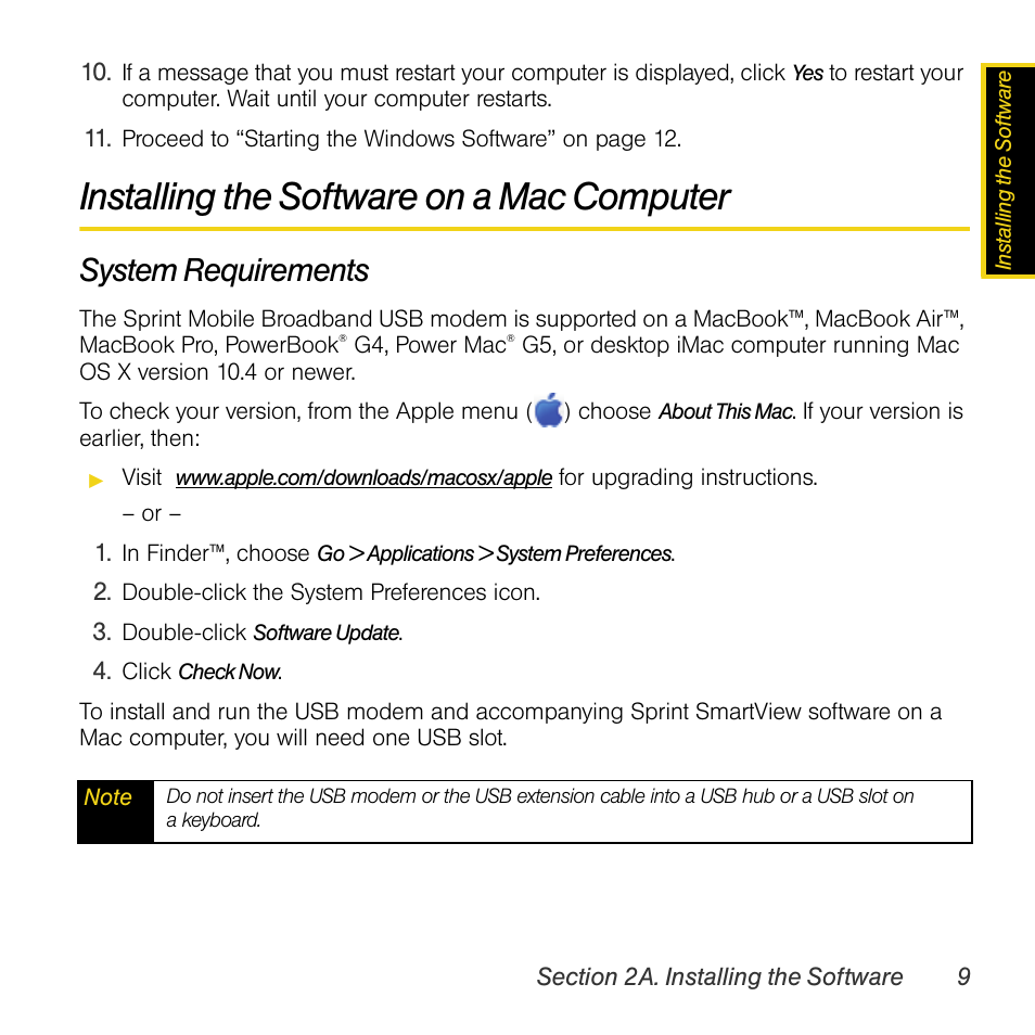 Installing the software on a mac computer, System requirements | Sprint Nextel Compass 597 User Manual | Page 17 / 44