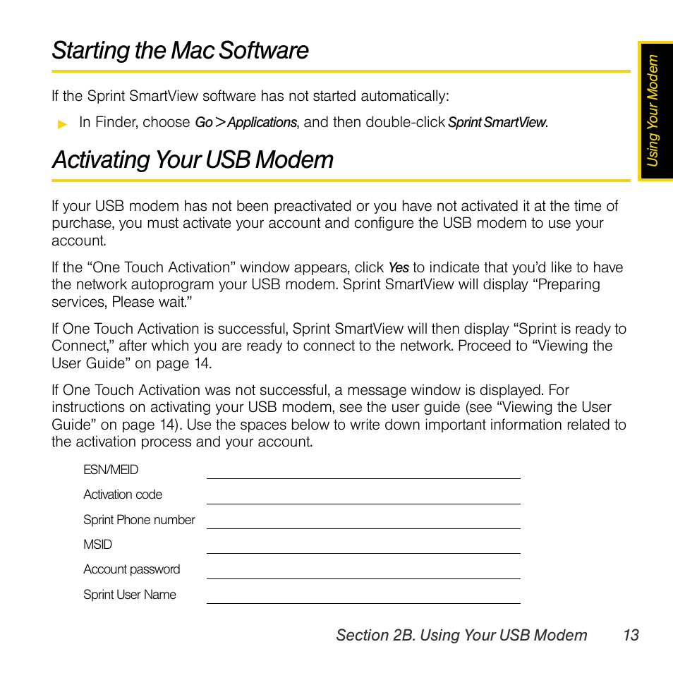 Starting the mac software, Activating your usb modem | Sprint Nextel Compass 597 User Manual | Page 21 / 44