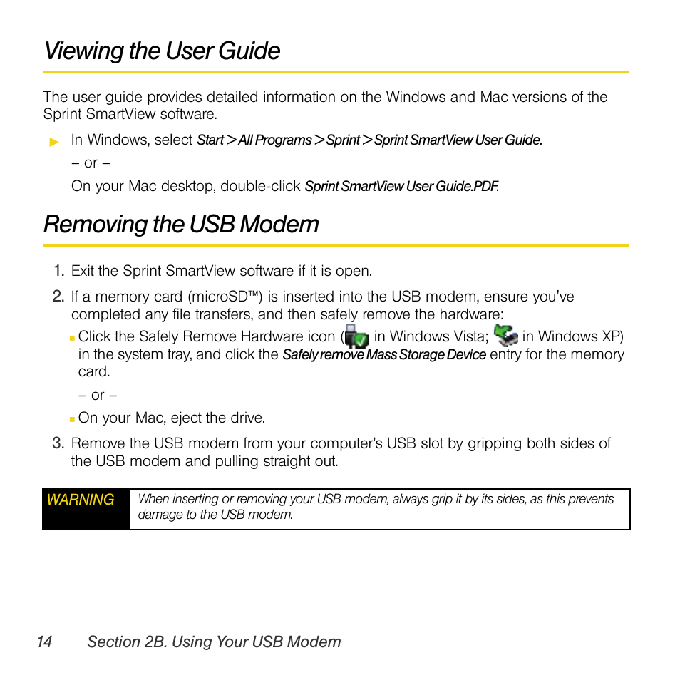 Viewing the user guide, Removing the usb modem | Sprint Nextel Compass 597 User Manual | Page 22 / 44