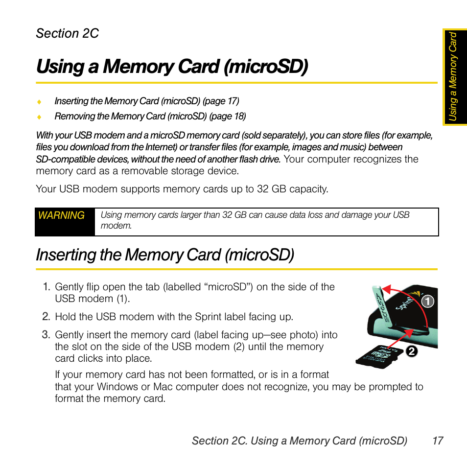 Using a memory card (microsd), Inserting the memory card (microsd), 2c. using a memory card (microsd) | Sprint Nextel Compass 597 User Manual | Page 25 / 44