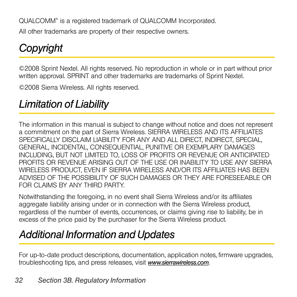 Copyright, Limitation of liability, Additional information and updates | Sprint Nextel Compass 597 User Manual | Page 40 / 44