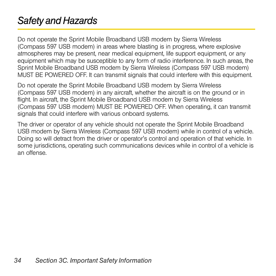 Safety and hazards | Sprint Nextel Compass 597 User Manual | Page 42 / 44
