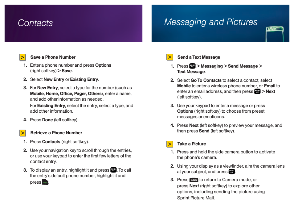 Messaging and pictures, Contacts | Sprint Nextel M320 User Manual | Page 5 / 13