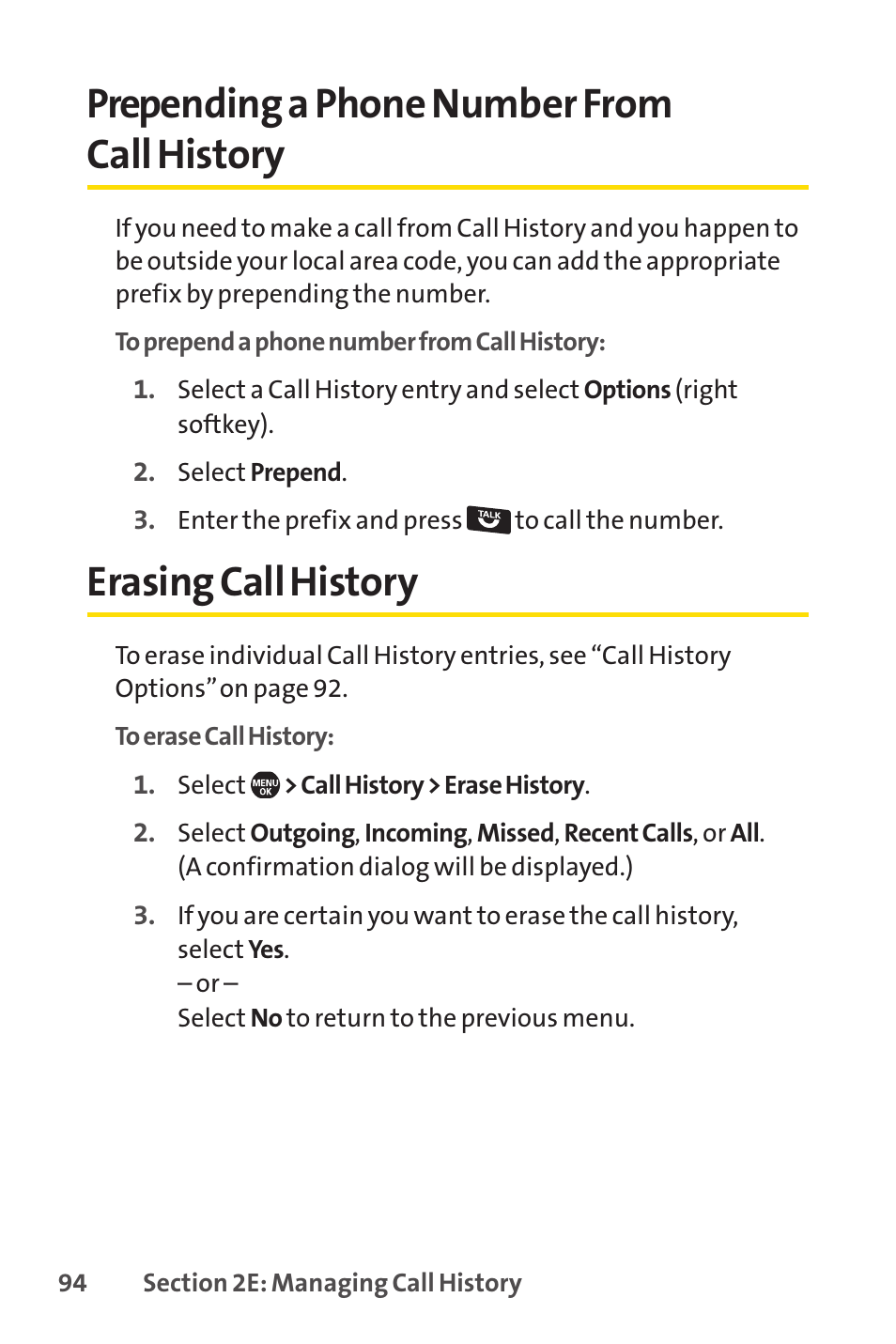 Prepending a phone number from call history, Erasing call history | Sprint Nextel Telephone User Manual | Page 110 / 236