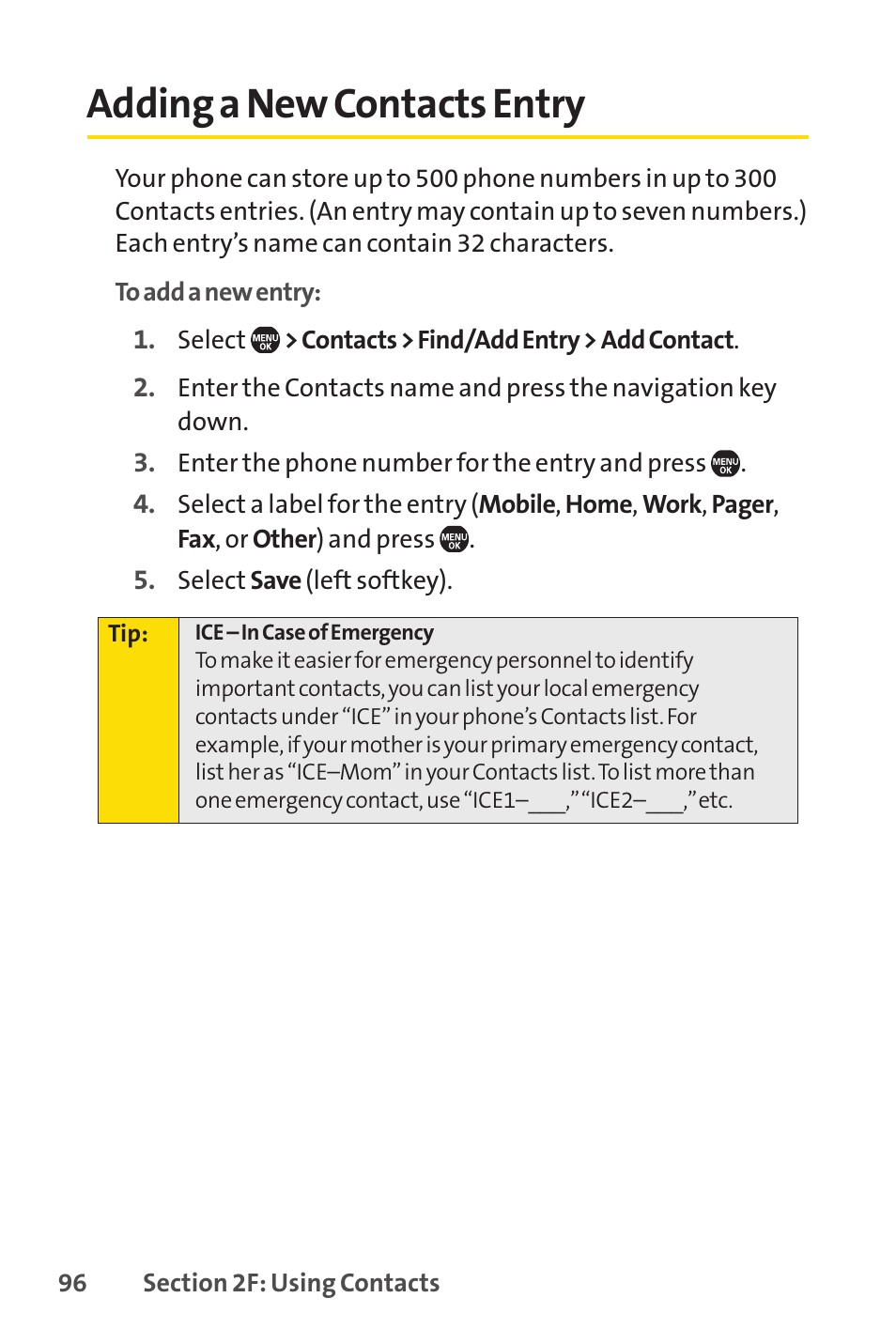 Adding a new contacts entry | Sprint Nextel Telephone User Manual | Page 112 / 236