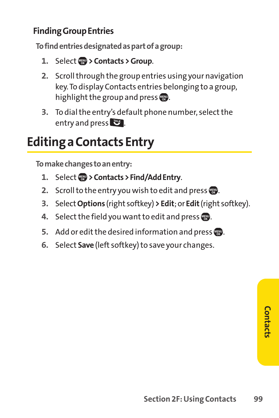 Editing a contacts entry | Sprint Nextel Telephone User Manual | Page 115 / 236
