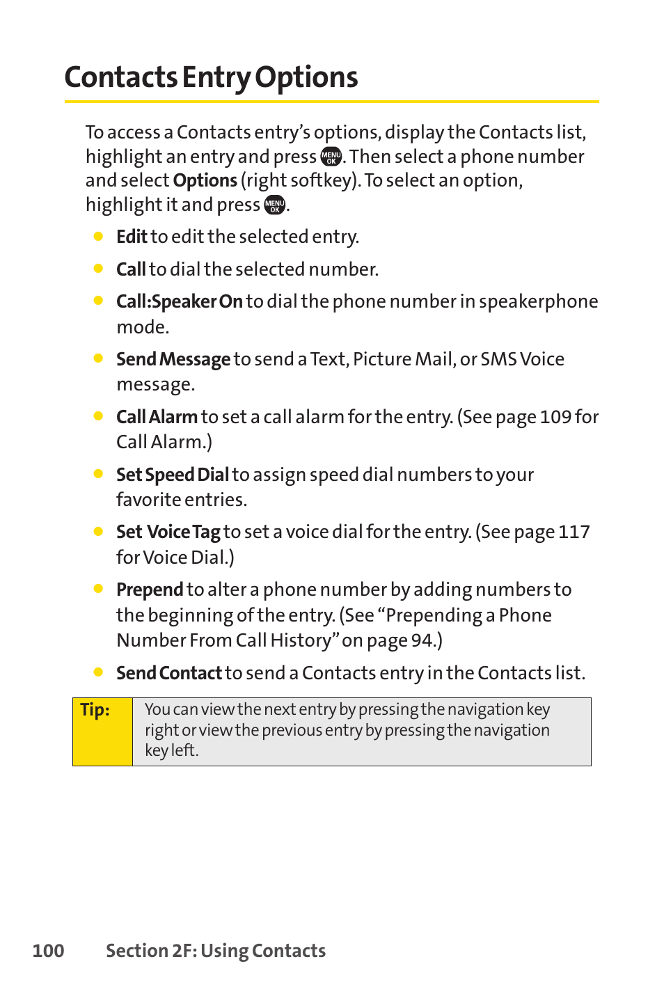 Contacts entry options | Sprint Nextel Telephone User Manual | Page 116 / 236