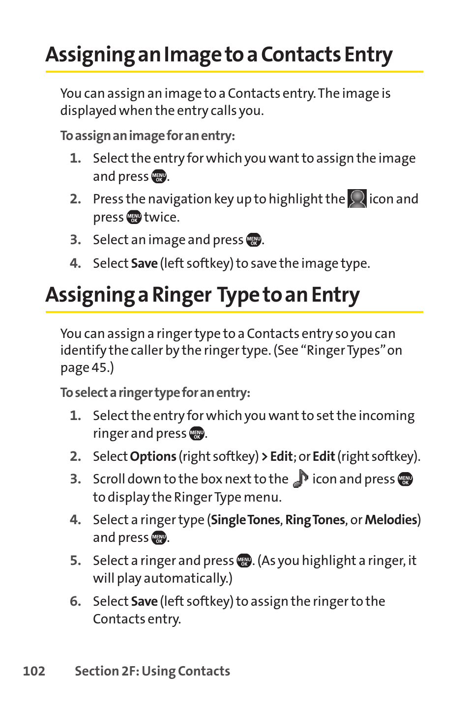 Assigning an image to a contacts entry, Assigning a ringer type to an entry | Sprint Nextel Telephone User Manual | Page 118 / 236