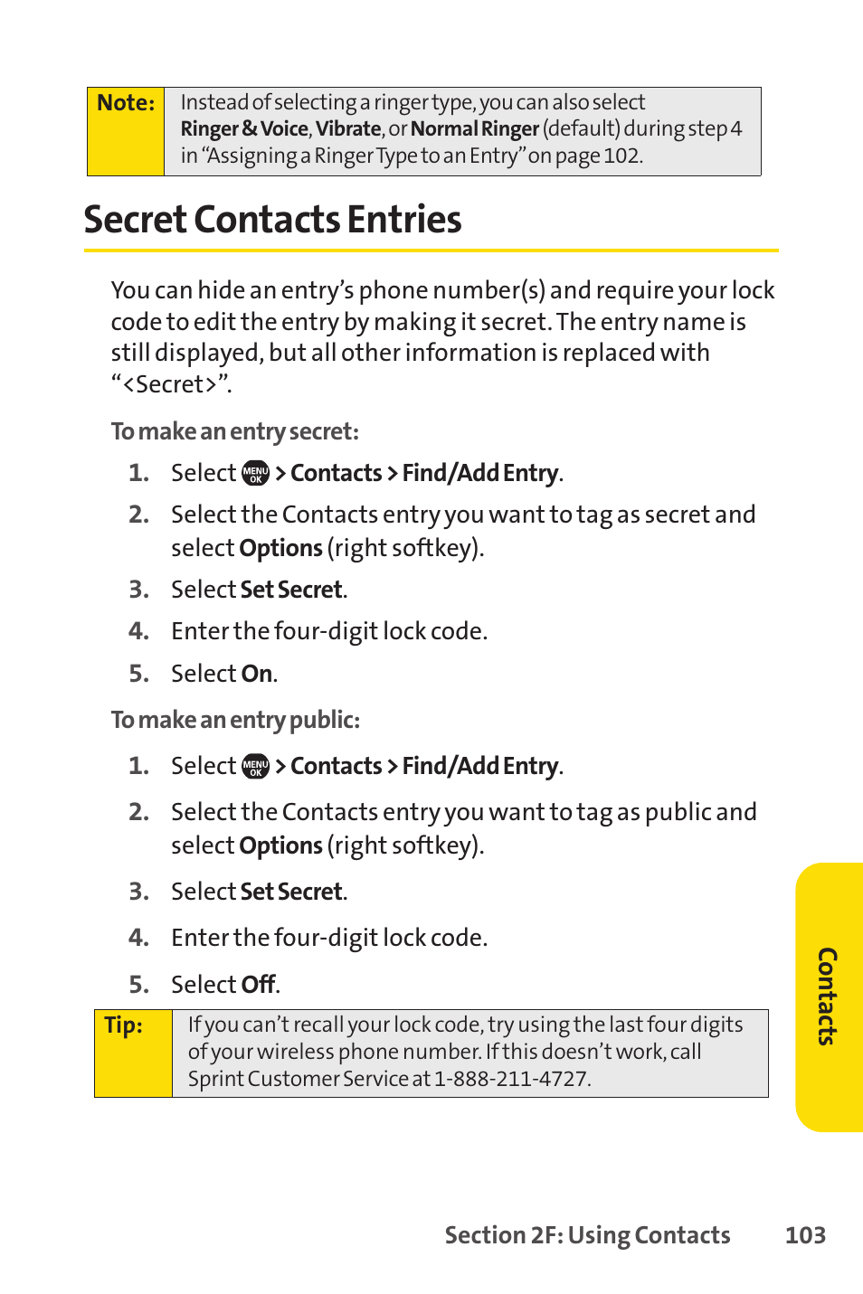 Secret contacts entries | Sprint Nextel Telephone User Manual | Page 119 / 236