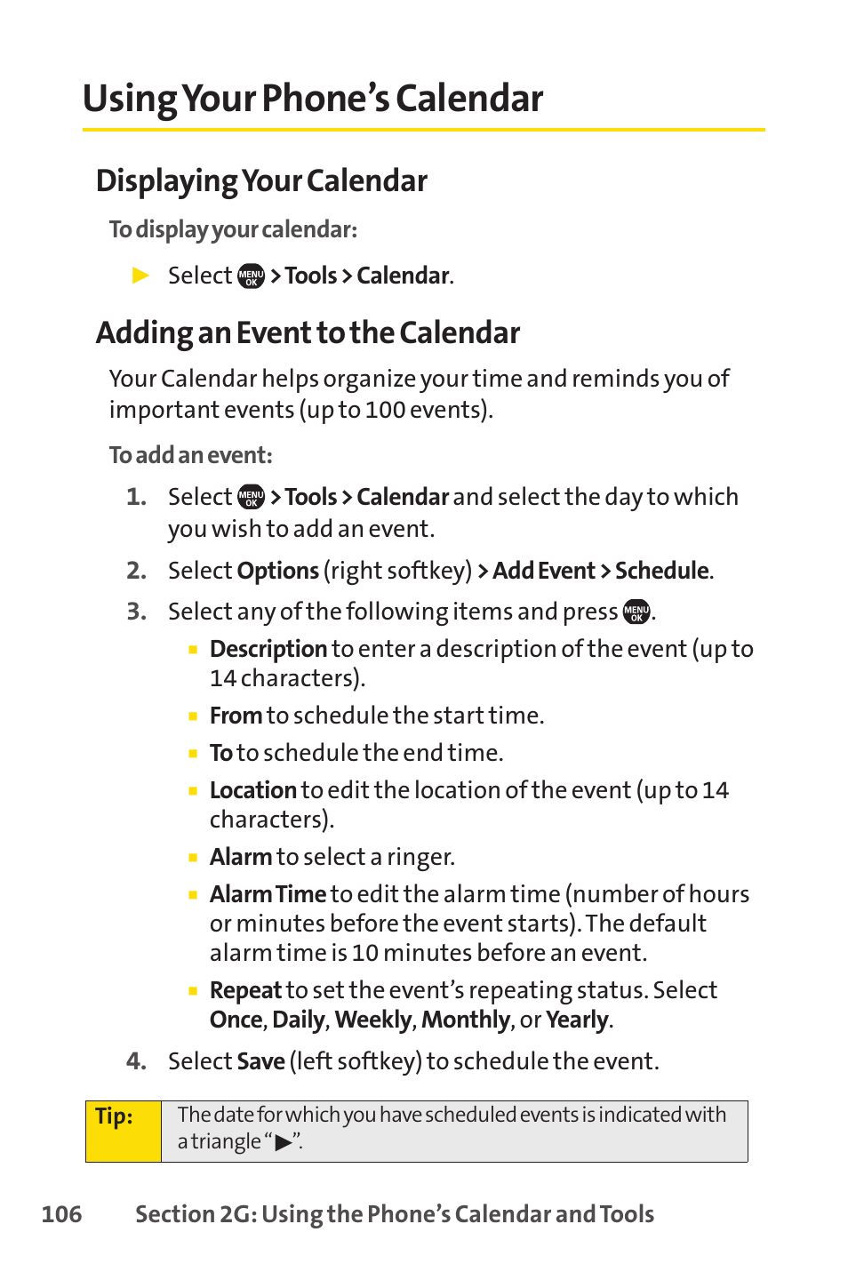 Using your phone's calendar, Using your phone’s calendar, Displaying your calendar | Adding an event to the calendar | Sprint Nextel Telephone User Manual | Page 122 / 236