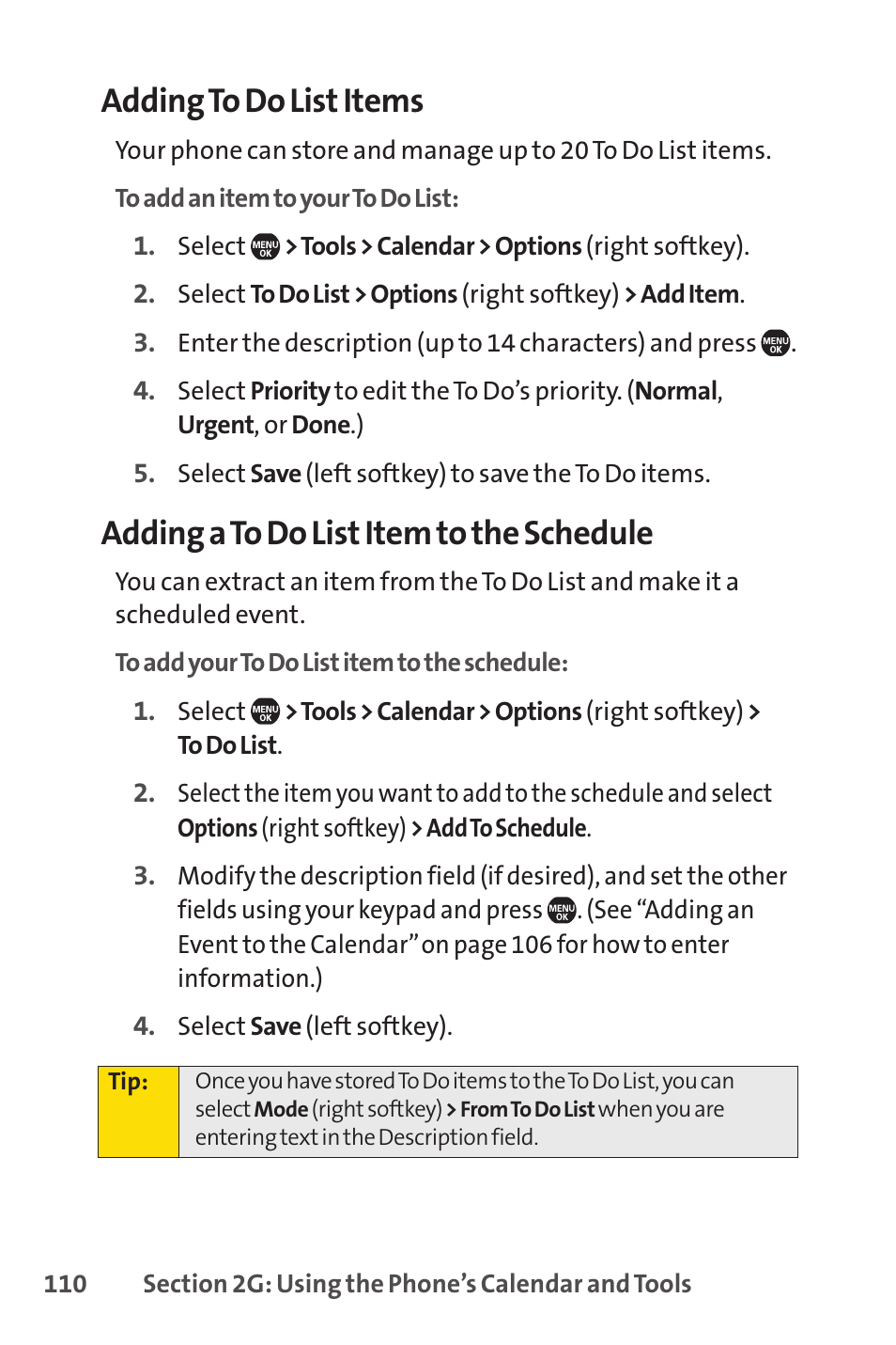 Adding to do list items, Adding a to do list item to the schedule | Sprint Nextel Telephone User Manual | Page 126 / 236