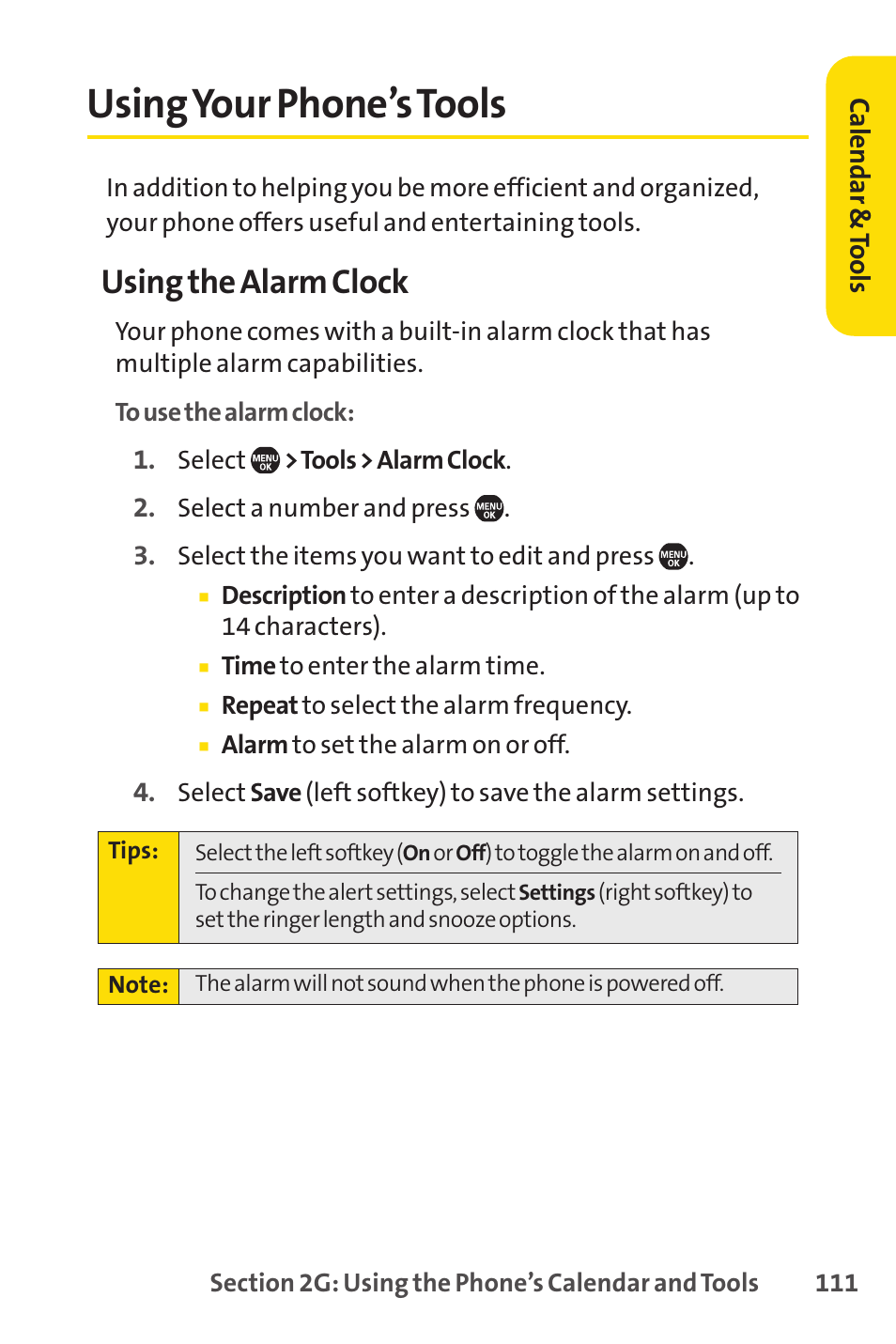 Using your phone's tools, Using your phone’s tools, Using the alarm clock | Sprint Nextel Telephone User Manual | Page 127 / 236